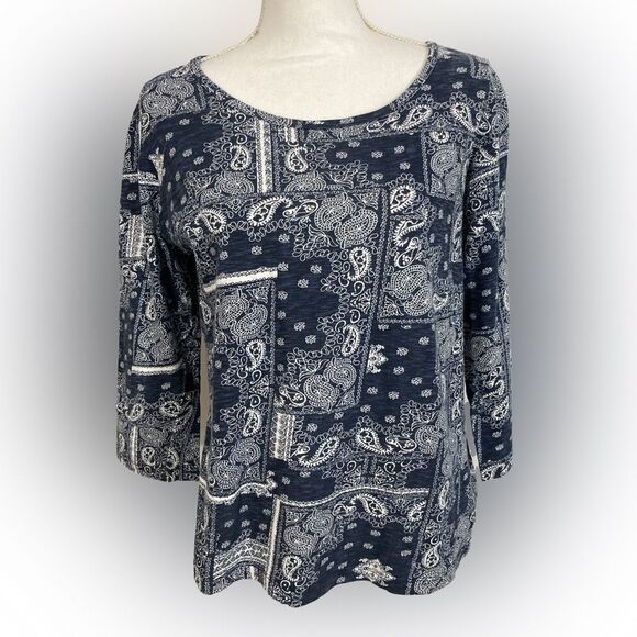 Back In The Saddle Top Women’s S Navy Paisley Print 3/4 Sleeve Preppy Blouse - Picture 1 of 8